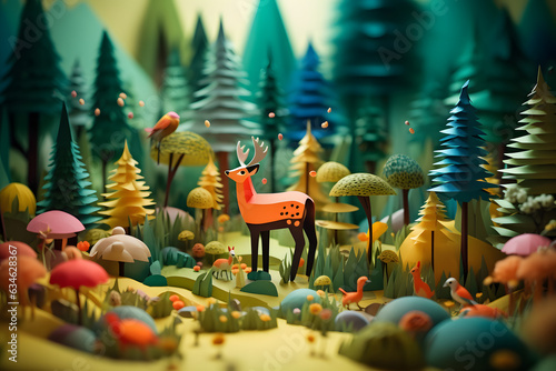Abstract colorful forest with trees, deers and birds made of paper. Generative AI