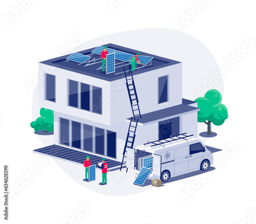 Solar panels installation on modern architecture family house flat roof. Workers connecting the home renewable power energy system to grid. Clean electricity production. Isolated vector illustration. (ID: 634628399)