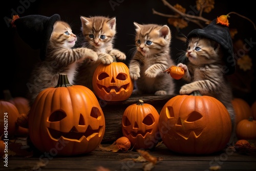 A group of fluffy kittens playfully wrestling inside carved - out pumpkins with little witch hats nearby - halloween theme © EOL STUDIOS