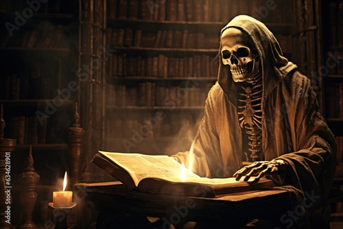 A lone skeleton grim reaper reading a dusty ancient book of death in a dimly lit library and ghostly whispers filling the air - halloween theme