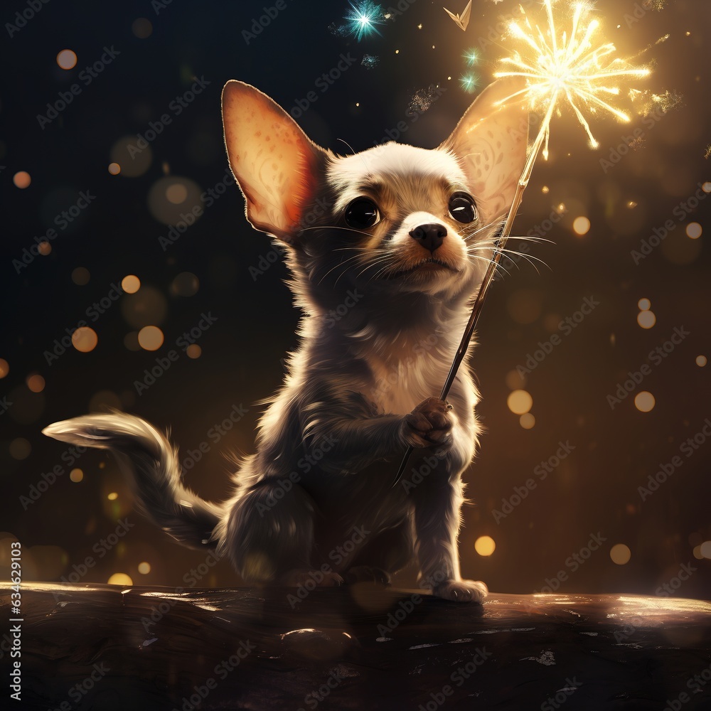 A magical dog puppy floating in the air casting a 'spell' with a tiny wand surrounded by sparkles - halloween theme