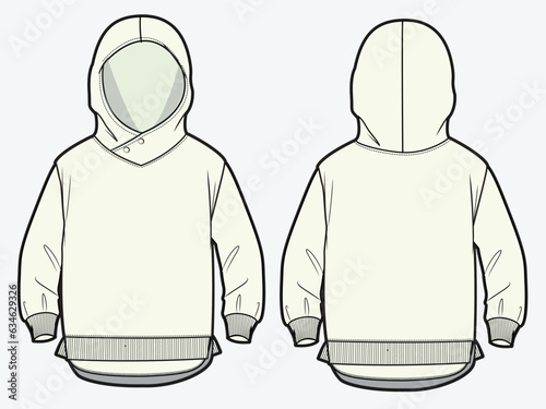 Boys layered hoodie front and back view flat sketch vector illustration mockup template