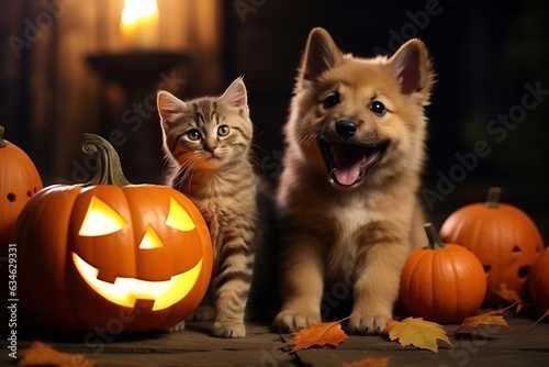 Cat and dog puppies playing with halloween pumpkins and halloween decoration - halloween pet theme © EOL STUDIOS