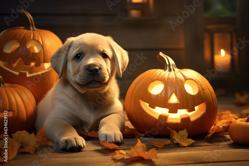 dog puppies playing with halloween pumpkins and halloween decoration - halloween pet theme