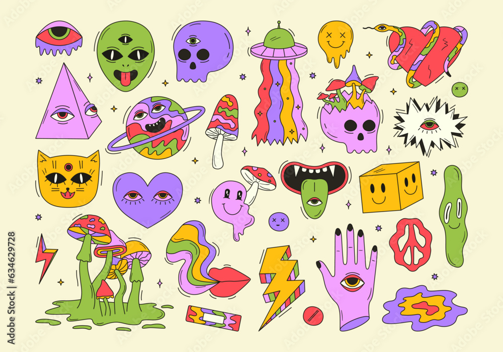 Vector set of psychedelic crazy halloween monsters and elements. Alien, ufo, skull, mushroom, mouth and other doodles. Groovy space stickers. 70s and 80s style funky design. Abstract acid art Vector set of psychedelic crazy halloween monsters and elements. Alien, ufo, skull, mushroom, mouth and other doodles. Groovy space stickers. 70s and 80s style funky design. Abstract acid art