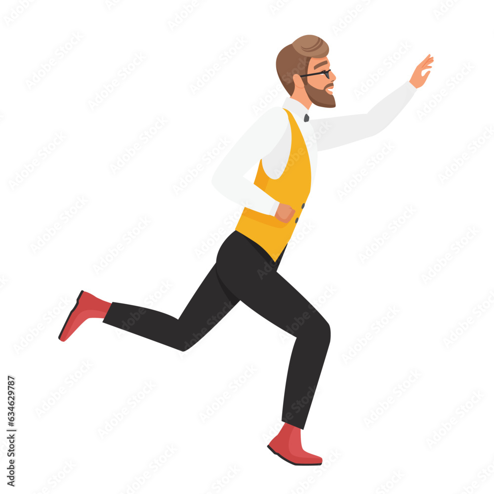 Running hipster man. Stylish hipster boy in a hurry, cool man in classic outfit vector cartoon illustration