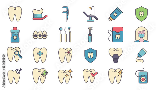 Dental related vector icons set. Included icons dental chair, tooth paste, dental tools, dental floss, caries, toothbrush, toothpaste, toothache, implant. Isolated on white background
