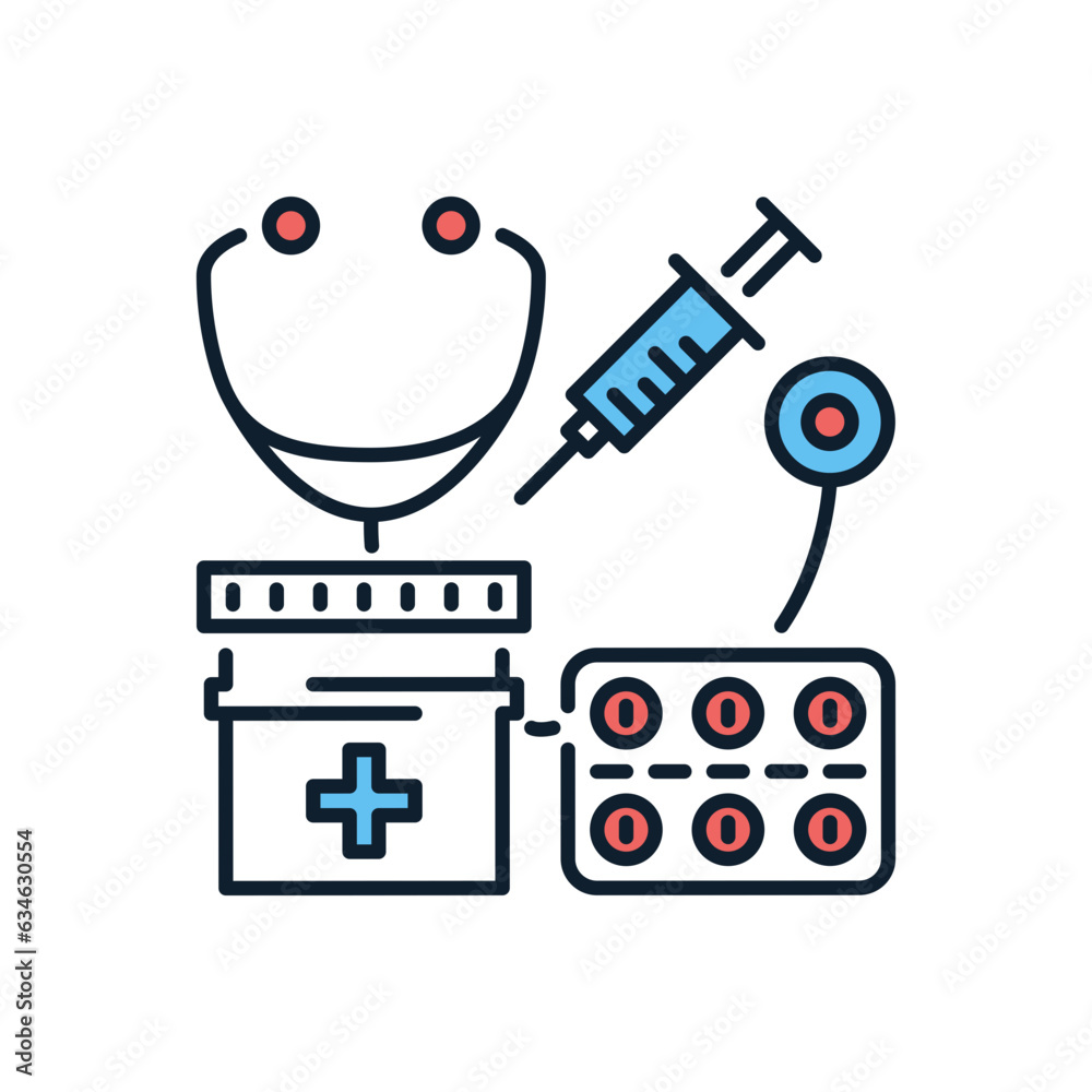 Health Care related vector thin line icon. Stethoscope, pills, medicine jar and syringe. Isolated on black background. Editable stroke. Vector illustration