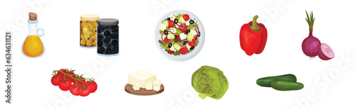 Greek Salad Ingredients with Olive Oil, Pepper, Tomato, Cucumber, Onion and Served Bowl Vector Set