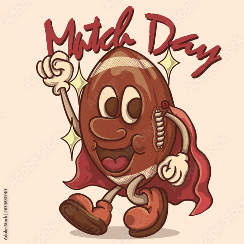 match day. super hero gridiron american football mascot vintage style vector illustration with happy  face.