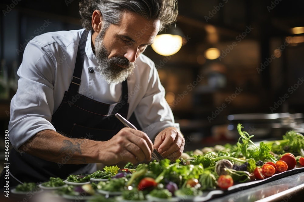Chef adding finishing touches to an artistic plate - stock photography concepts Chef adding finishing touches to an artistic plate - stock photography concepts