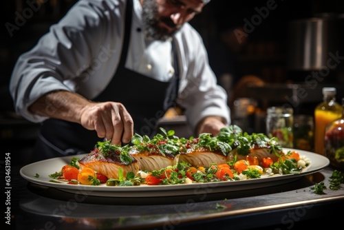 Chef adding finishing touches to an artistic plate - stock photography concepts