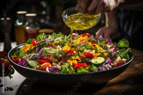 Close-up of a persons hand tossing a salad - stock photography concepts