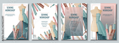 Flyer set with sewing mannequin and fabric rolls.Light industry. Needlework, hobby, sewing. Poster banner for sewing shop, workshop, atelier