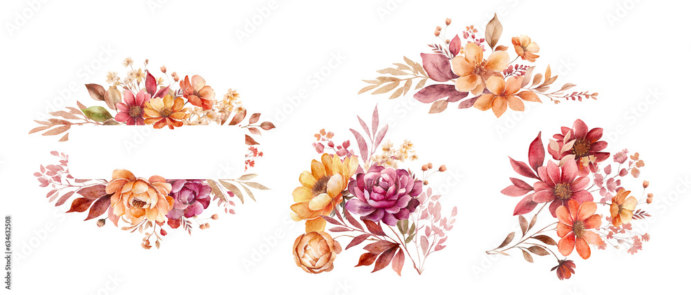 Fall floral wreath, autumn flowers and leaves.Watercolor orange leaves and wildflower clipart for autumn. Invitation or floral card design. PNG clipart.