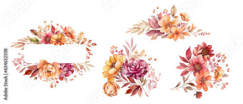 Fall floral wreath  autumn flowers and leaves.Watercolor orange leaves and wildflower clipart for autumn. Invitation or floral card design. PNG clipart.
