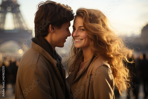 Couple embracing in front of a famous landmark - stock photography concepts