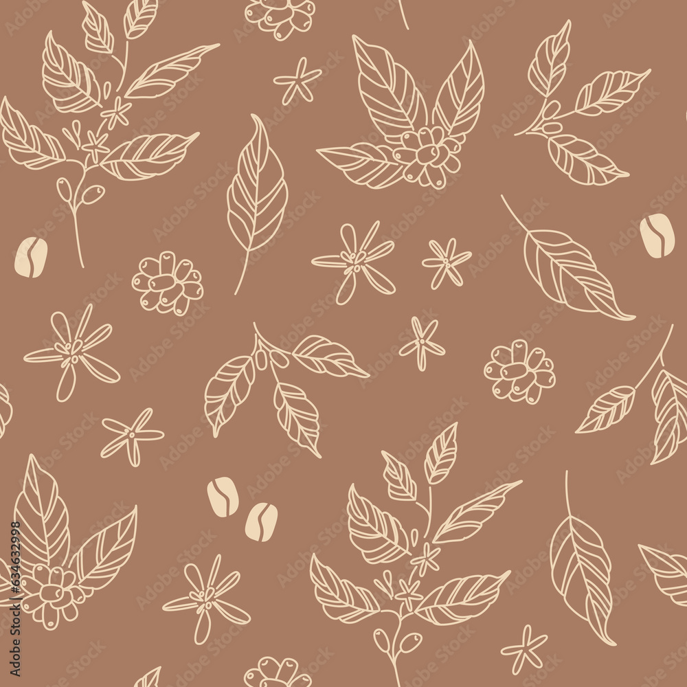 Fototapeta premium Coffee leaves, beans and flowers background. Hand drawn line art drawings of coffee branches and stems. Plant. Nature. Seamless pattern, banner, digital paper, wallpaper. Chocolate colors.