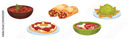 Mexican Traditional Food with Bean Stew, Burrito and Guacamole Vector Set