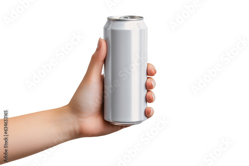 Woman holding aluminum can with beverage on white isolated background, closeup. Space for design. Mocap.