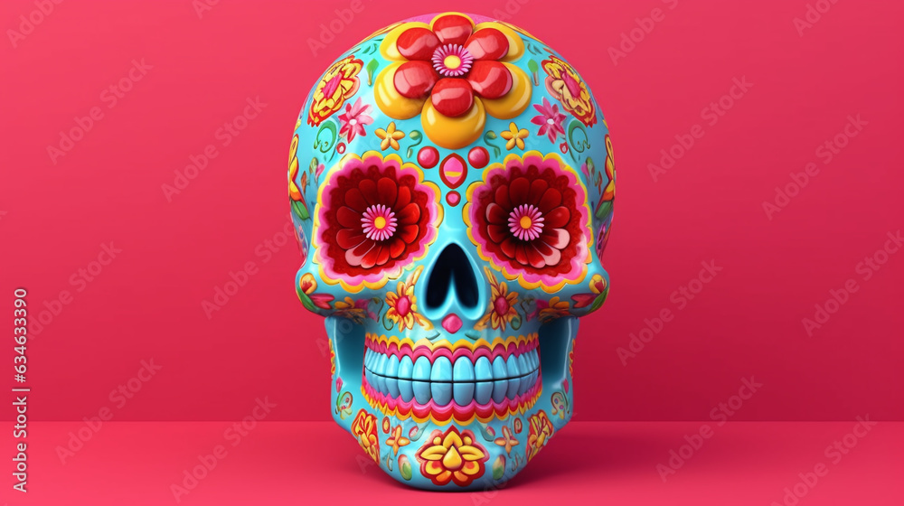 Vibrant skull adorned with flowers on hot pink background. Celebrating Day of the Dead. Created with Generative AI technology Vibrant skull adorned with flowers on hot pink background. Celebrating Day of the Dead. Created with Generative AI technology