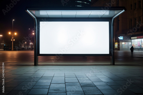 Billboard mockup outdoors, Outdoor advertising poster at night time with street light line for advertisement street city night. With clipping path on screen.