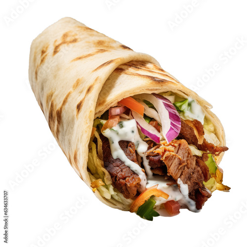 A delicious shawarma, Mexican chicken wrap isolated on a transparent background