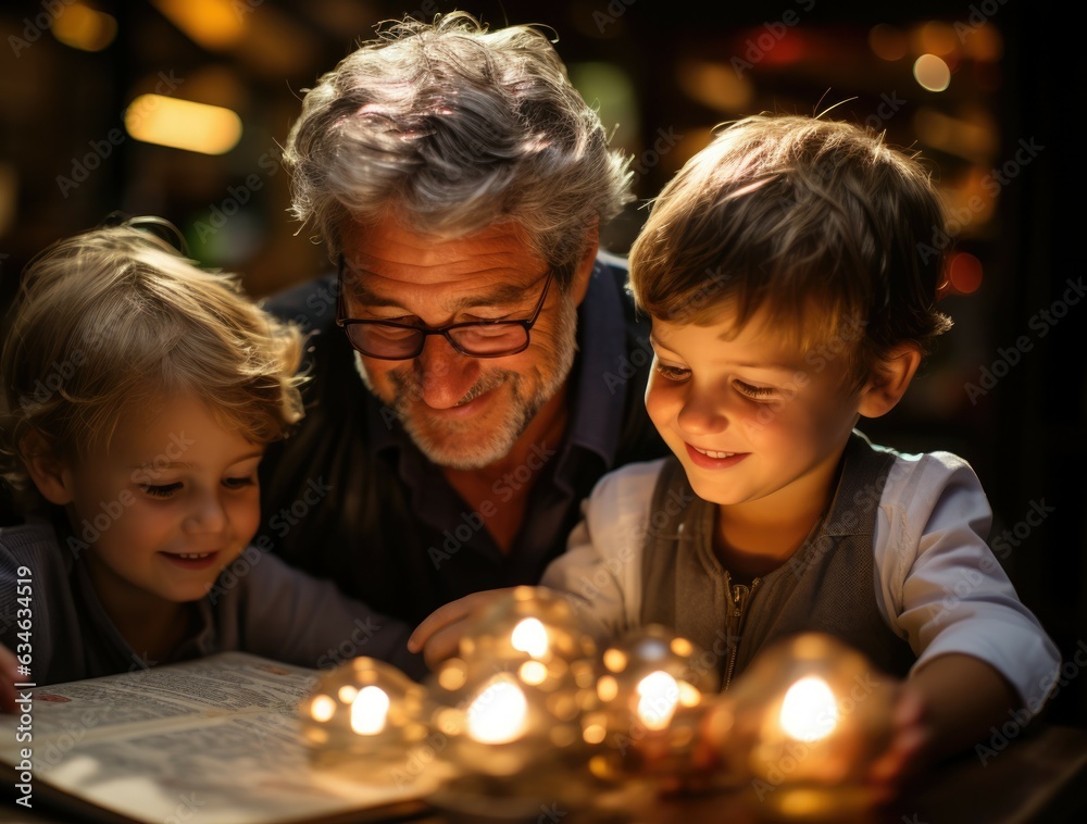 Naklejka premium Grandparents reading stories to their grandchildren - stock photography