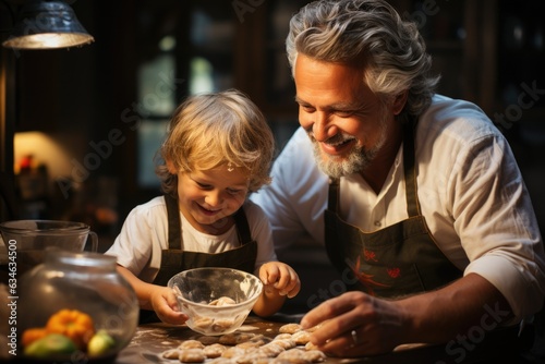 Grandfather and grandchild baking cookies together - stock photography concepts