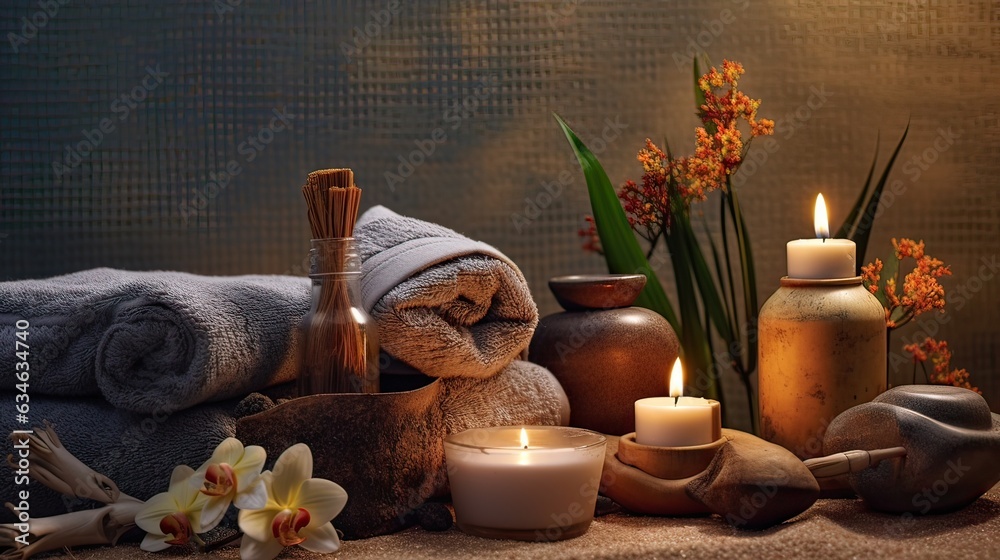 Beautiful asian spa composition with candles, orchids, and massage hot stones on wellness center sustainable interior background. Beauty spa treatment and relaxation concept. Generative ai