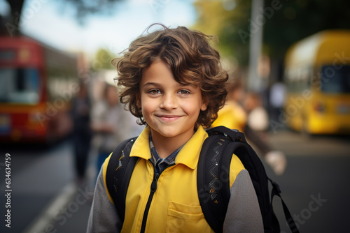 Portrait of smiling handsome schoolboy outdoors, curly boy with backpack at school bus stop looking at camera. Back to school, education concept