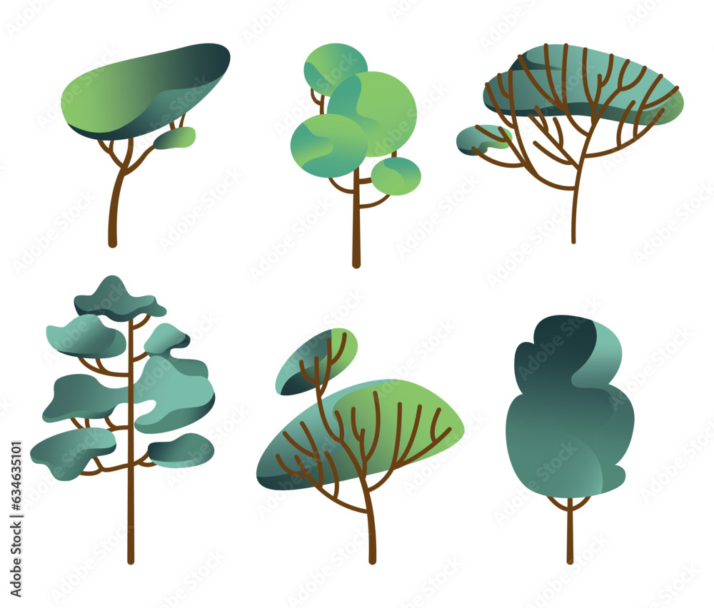 Fototapeta premium Collection of green deciduous and evergreen forest plants. Botanical set of bare trees and ones with leaves and lush crowns. Flat vector illustration isolated on white background