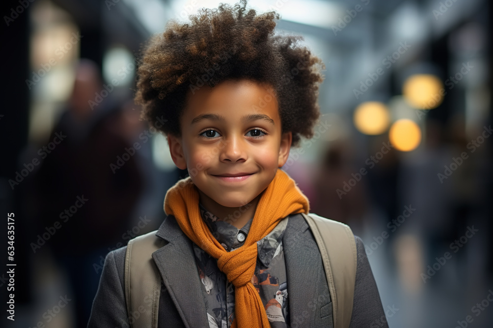 Portrait of handsome smiling afro american schoolboy going to school, boy in jacket and with backpack outdoors looking at camera. Back to school, education concept Portrait of handsome smiling afro american schoolboy going to school, boy in jacket and with backpack outdoors looking at camera. Back to school, education concept