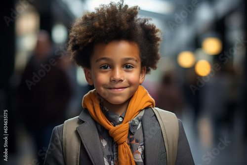 Portrait of handsome smiling afro american schoolboy going to school, boy in jacket and with backpack outdoors looking at camera. Back to school, education concept © Sergio
