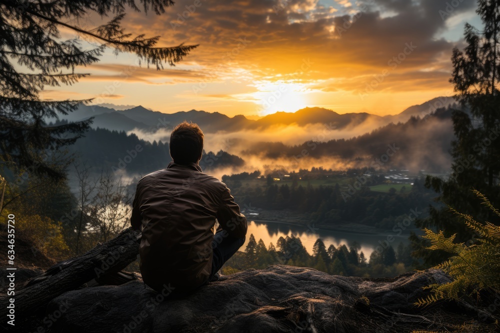 Person sitting on a mountaintop - stock photography concepts