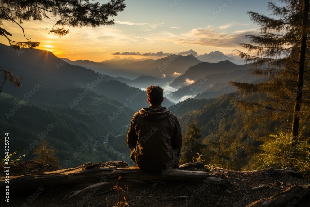 Person sitting on a mountaintop - stock photography concepts