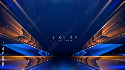 Blue and gold arrows shoot out at high speed with empty space in the center and decorated with neon light and bokeh effects on dark scenes. Futuristic technology background design.