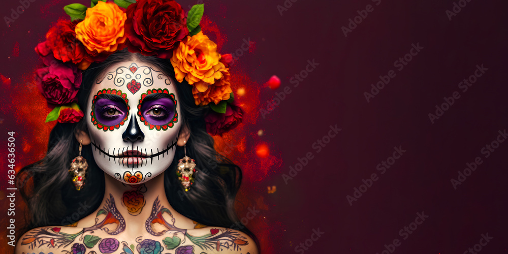 Dia de los  muertos, person masked as calavera. Woman in dia de los muertos. Space on the right for text or other  - obrazy, fototapety, plakaty 