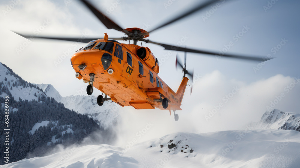 Rescue helicopter landing at snow mountains Rescue helicopter landing at snow mountains