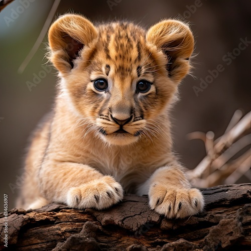 Portrait of a cute and funny wild lion cub looking at the camera resting on a tree in a natural habitat with a beautiful blurred background. Generative AI