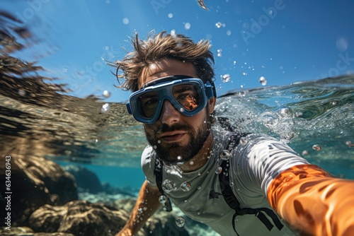 Snorkeler floating on the surface observing the underwater world - stock photography concepts