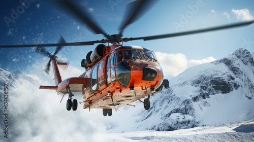 Rescue helicopter landing at snow mountains