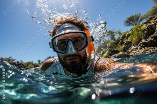 Snorkeler floating on the surface observing the underwater world - stock photography concepts
