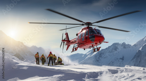 Canvas Print Rescue helicopter landing at snow mountains and skating snowboarder