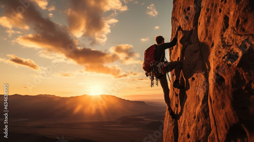 Young woman rock climbing in the during sunrise