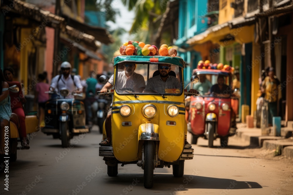 Tourists riding on a colorful tuk-tuk through narrow street - stock photography concepts