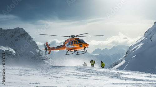 Fotografia, Obraz Rescue helicopter landing at snow mountains and skating snowboarder
