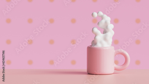 Morning pink cup of coffee with steam on background of polka dot wall at home or in coffee shop. Background with copyspace. 3d render, 3d illustration.