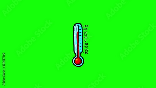 Thermometer with red bar greenbox isolated. Physics, chemistry, maths, science. Experiment illustrating physical process. Cartoon good for educational meterials, etc... Temperature meter. photo