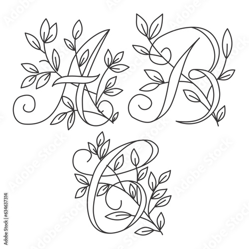 Black botanical monogram vector. ABC letters for monograms and logo. Handwritten capital letters. Letters with leaves.